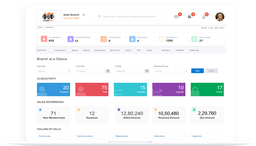 Fitness management software dashboard